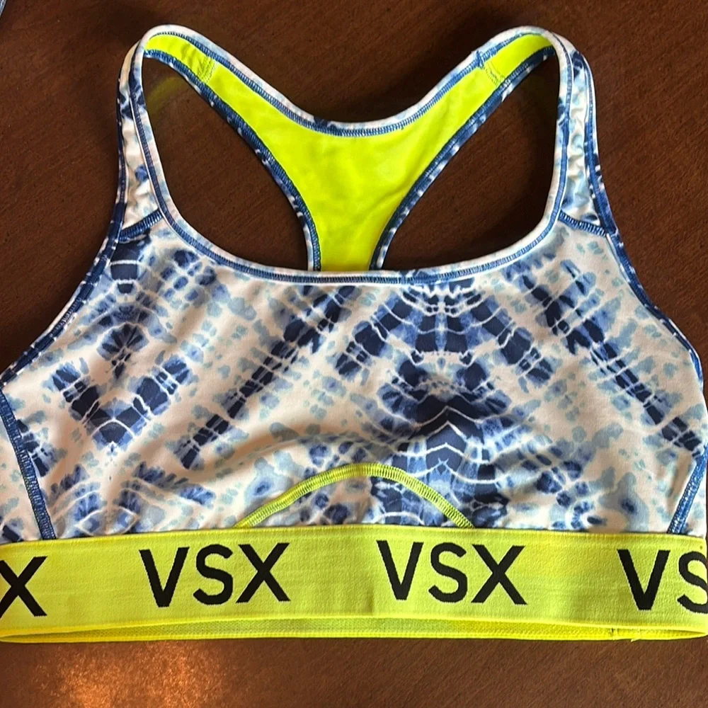 VSX Blue and Yellow Racerback Sports Bra with Neon Accents - Picture 1 of 3